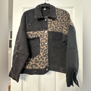 Leopard Patchwork Distressed Denim Jacket - Black/Tan, size L, NWOT